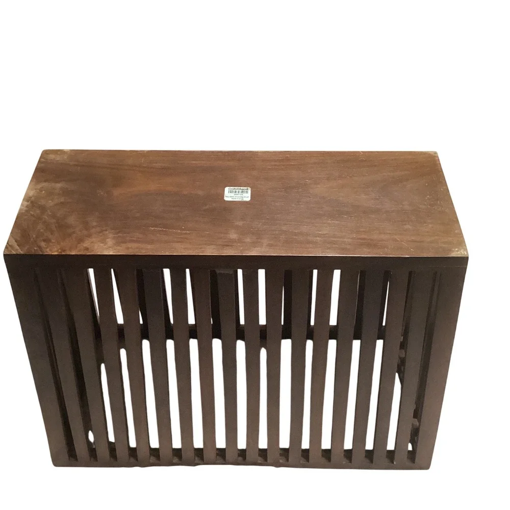 Mid Century Modern Slatted Wood Magazine Holder Floor Rack Dark Brown Heavy